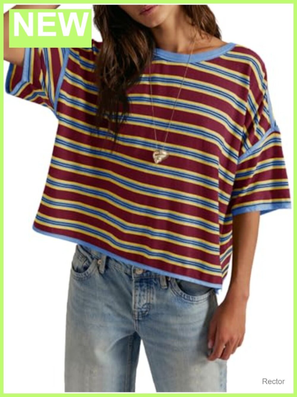 Oversized Striped Short Sleeve Boxy Tee Cotton-Blend Crew Neck Summer Top